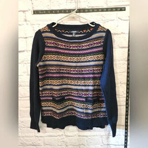 Chaps Vintage Fair Isle Cotton Blend Sweater Navy Multicolor Size Medium